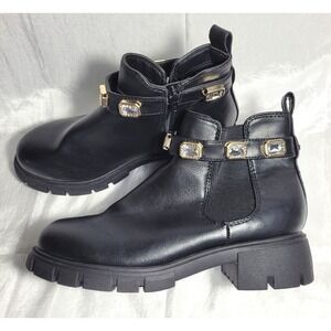 Madden NYC Women's Black Rhinestone Chain Zip Lug Sole Chelsie Ankle Boots Sz 6